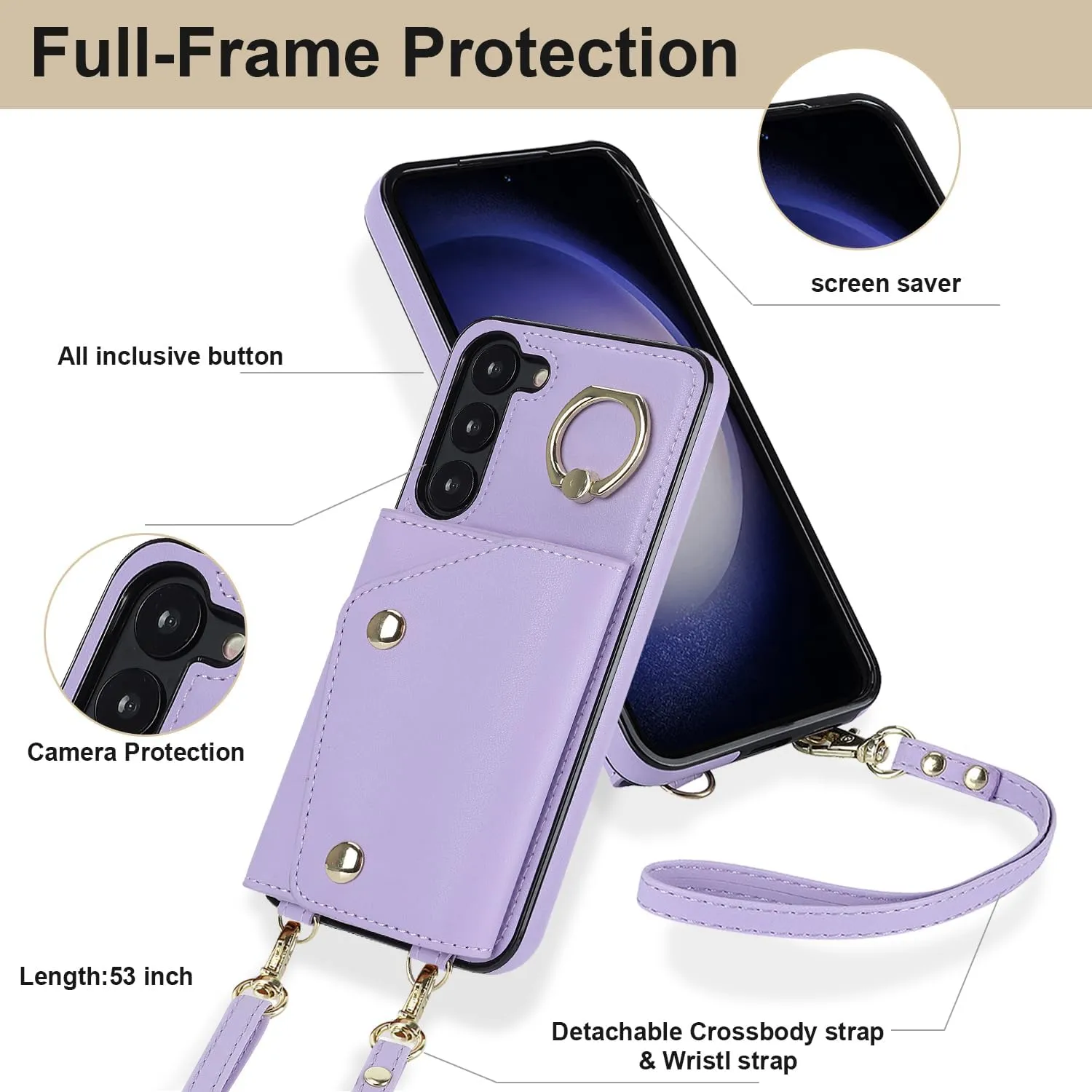 for Samsung Galaxy S24 Luxury Zipper Wallet Case with Ring, Multi Card Holder Adjustable Crossbody Strap, Fashion Wallet Bag.(Purple)