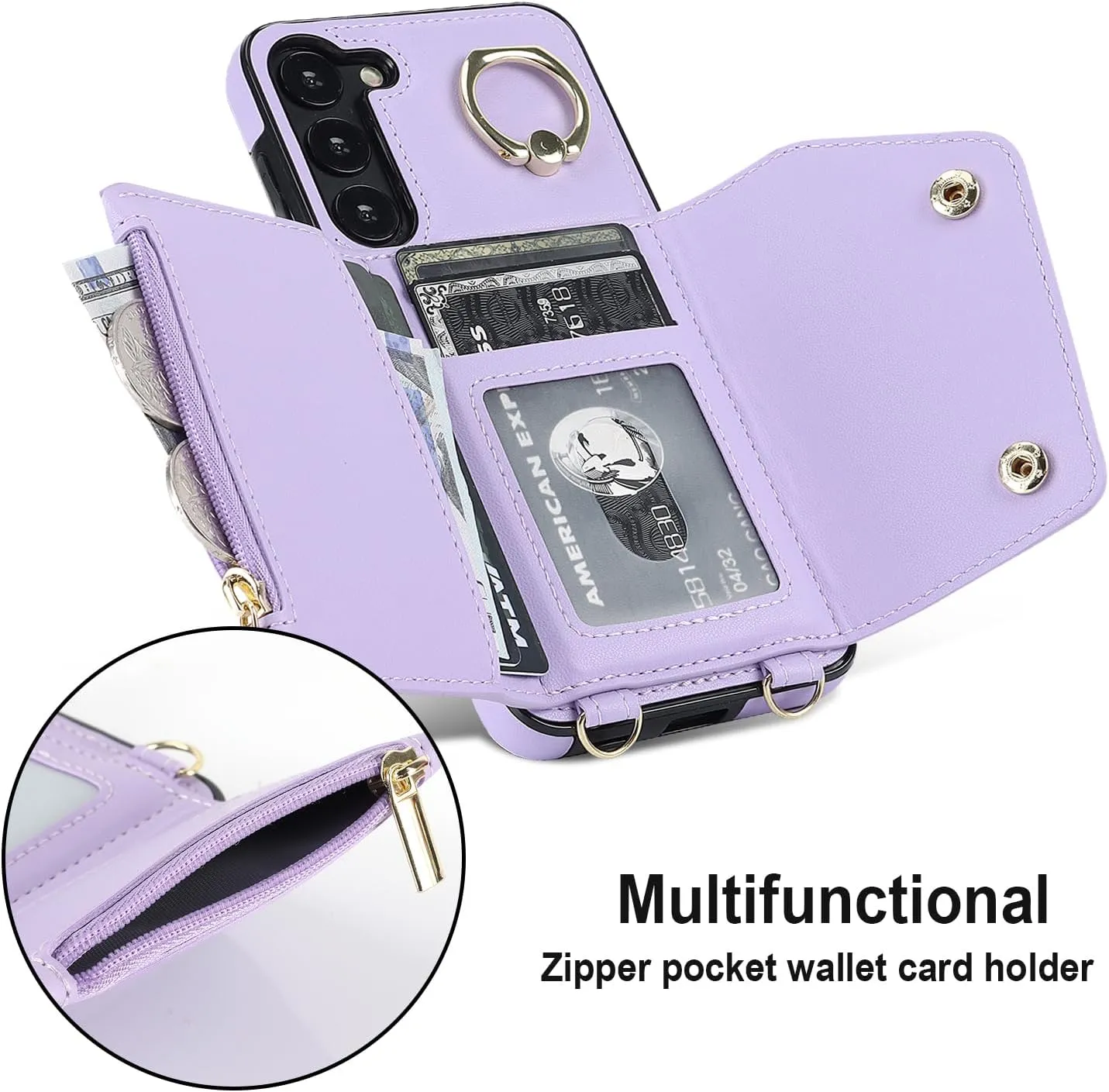 for Samsung Galaxy S24 Luxury Zipper Wallet Case with Ring, Multi Card Holder Adjustable Crossbody Strap, Fashion Wallet Bag.(Purple)