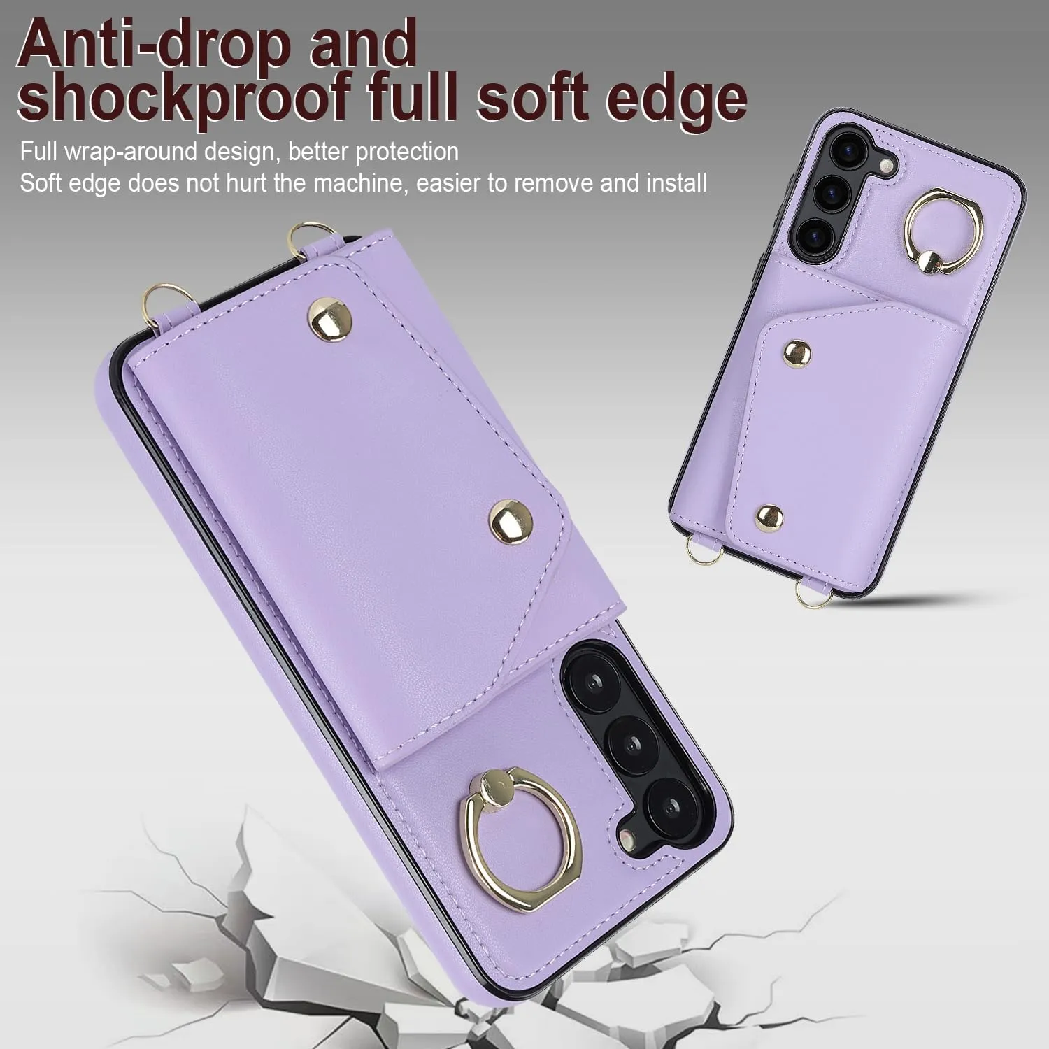 for Samsung Galaxy S24 Luxury Zipper Wallet Case with Ring, Multi Card Holder Adjustable Crossbody Strap, Fashion Wallet Bag.(Purple)