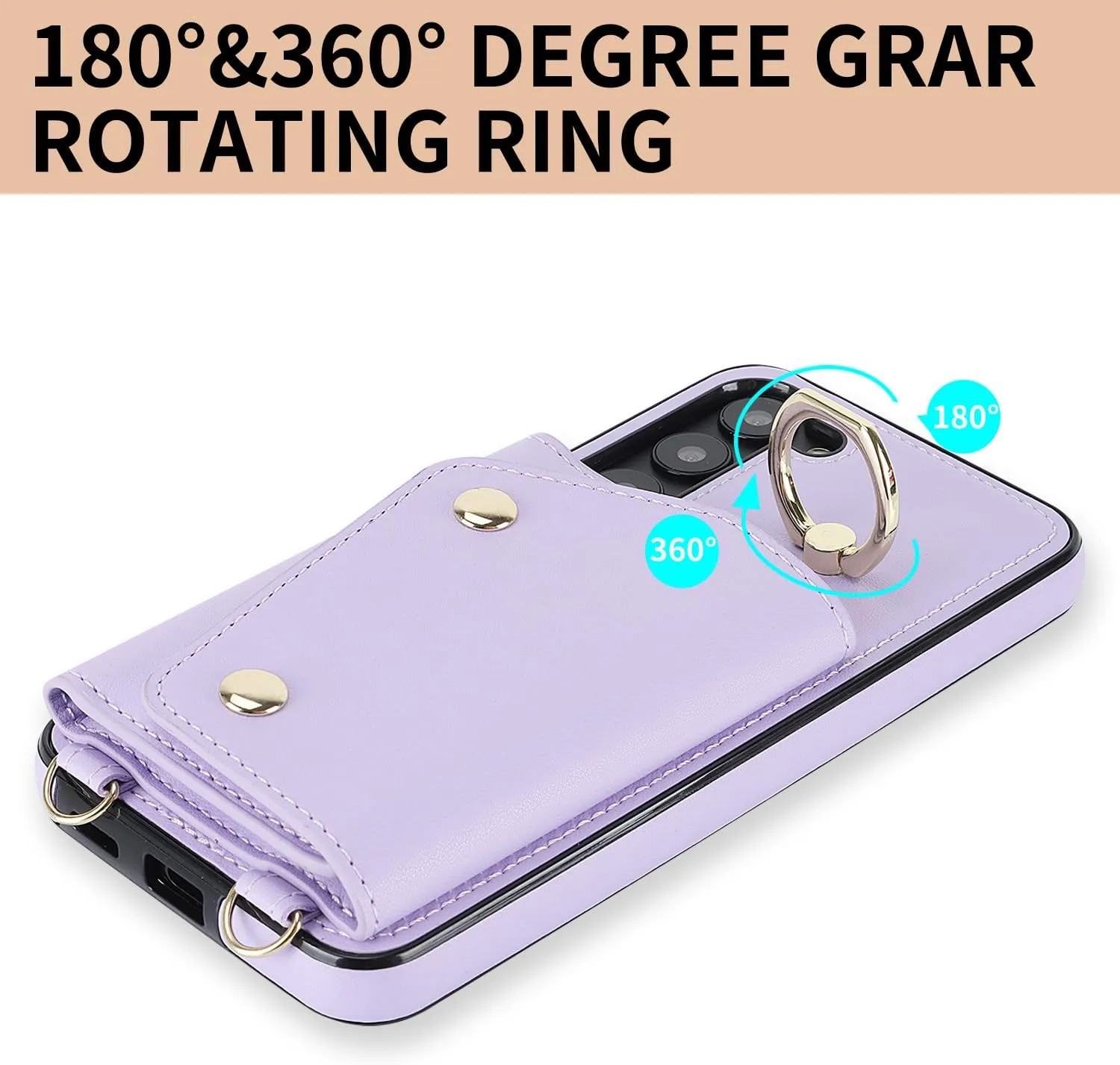 for Samsung Galaxy S24 Luxury Zipper Wallet Case with Ring, Multi Card Holder Adjustable Crossbody Strap, Fashion Wallet Bag.(Purple)