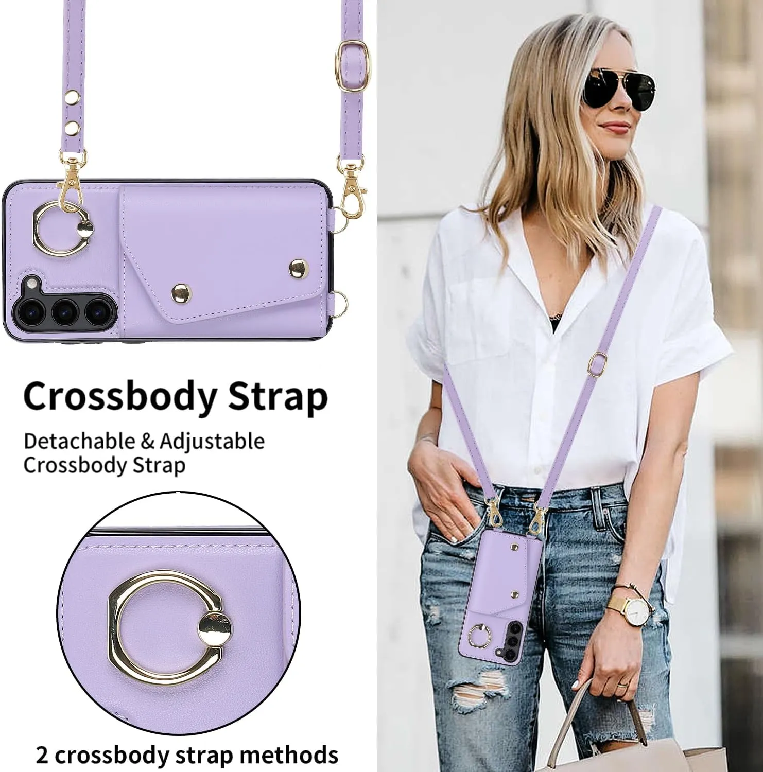 for Samsung Galaxy S24 Luxury Zipper Wallet Case with Ring, Multi Card Holder Adjustable Crossbody Strap, Fashion Wallet Bag.(Purple)