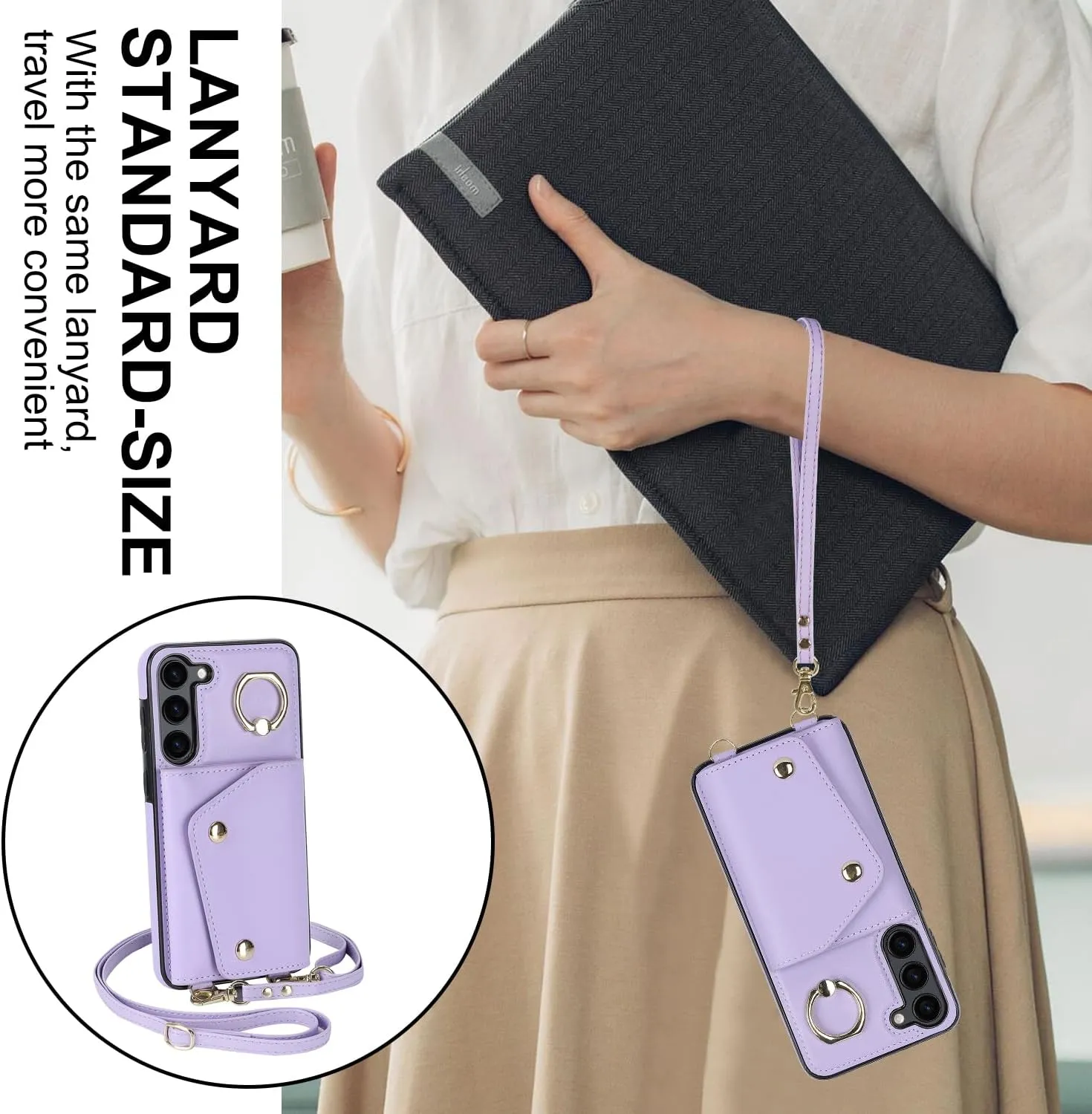 for Samsung Galaxy S24 Luxury Zipper Wallet Case with Ring, Multi Card Holder Adjustable Crossbody Strap, Fashion Wallet Bag.(Purple)