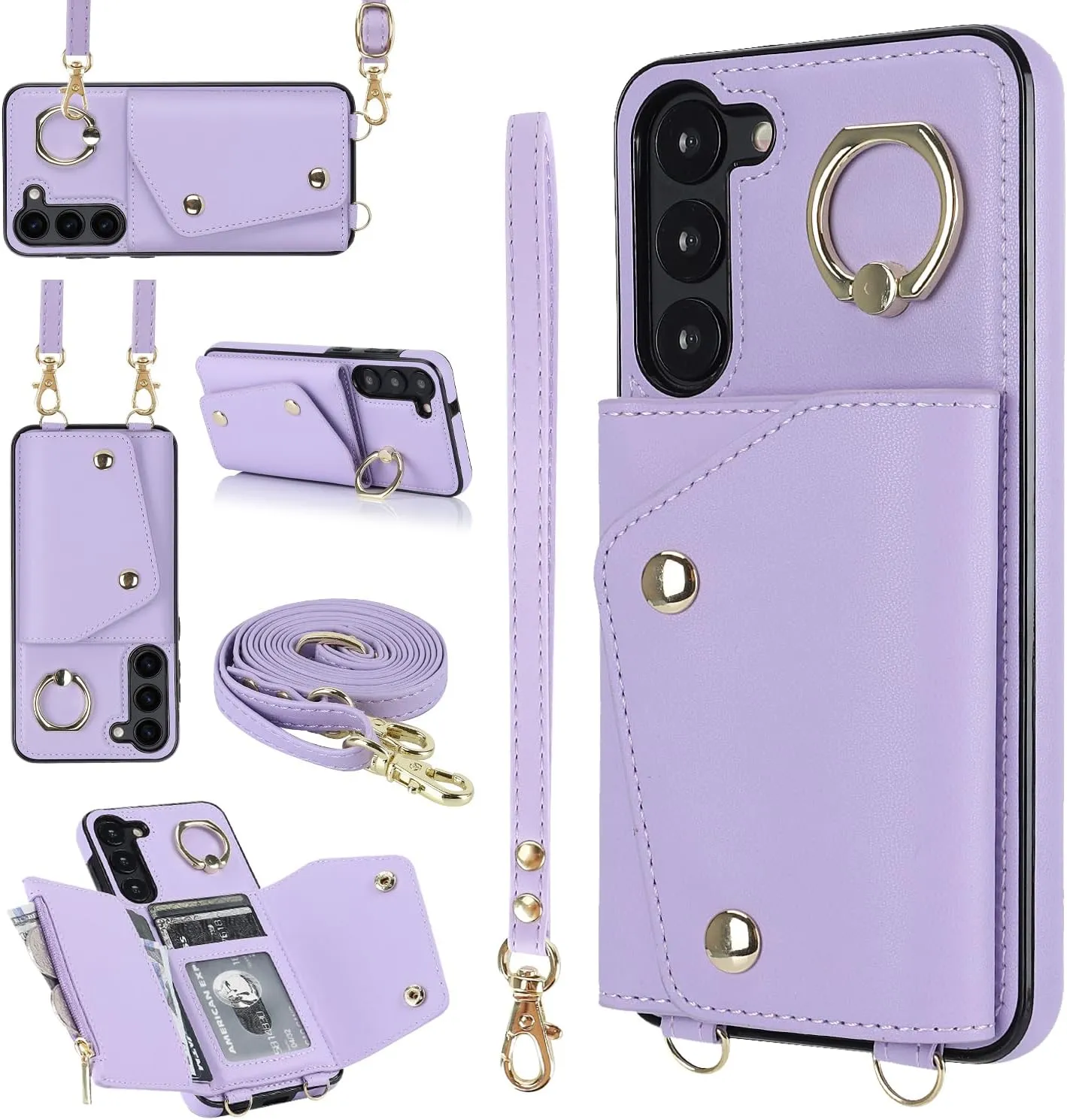 for Samsung Galaxy S24 Luxury Zipper Wallet Case with Ring, Multi Card Holder Adjustable Crossbody Strap, Fashion Wallet Bag.(Purple)
