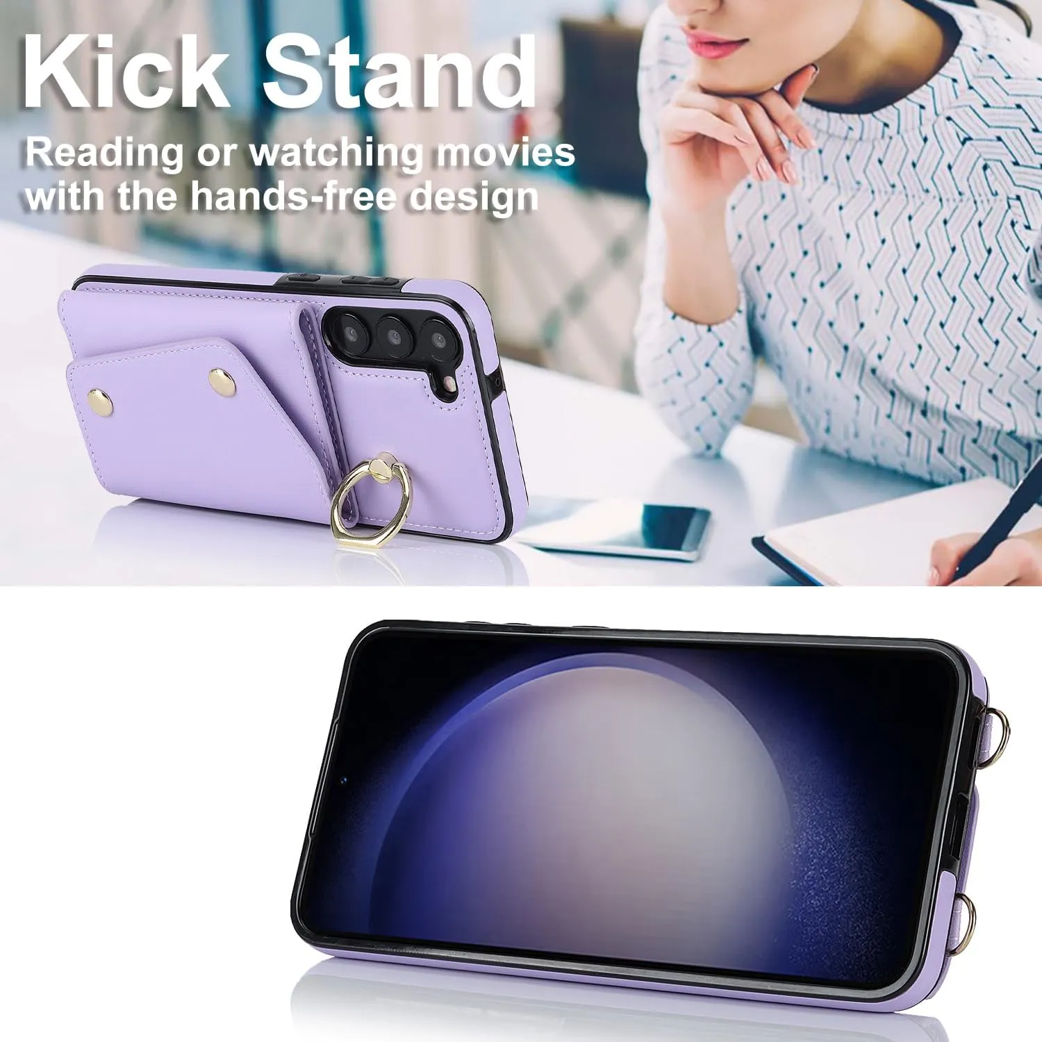 for Samsung Galaxy S24 Luxury Zipper Wallet Case with Ring, Multi Card Holder Adjustable Crossbody Strap, Fashion Wallet Bag.(Purple)