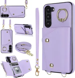 for Samsung Galaxy S24 Luxury Zipper Wallet Case with Ring, Multi Card Holder Adjustable Crossbody Strap, Fashion Wallet Bag.(Purple)