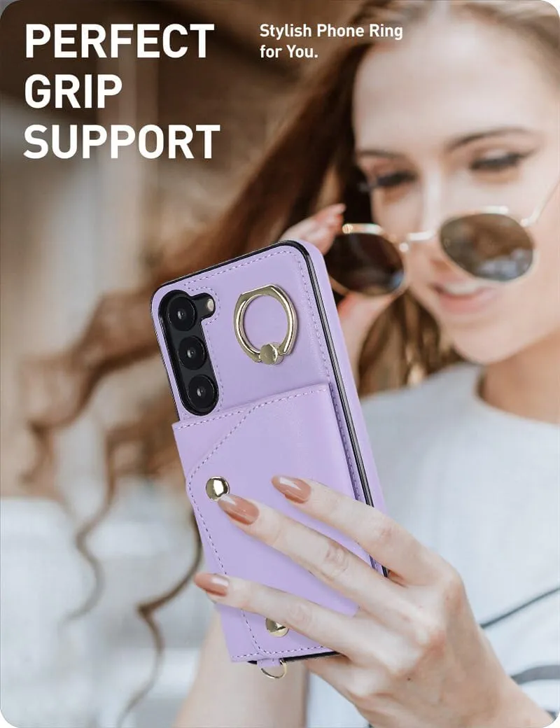 for Samsung Galaxy S24 Luxury Zipper Wallet Case with Ring, Multi Card Holder Adjustable Crossbody Strap, Fashion Wallet Bag.(Purple)