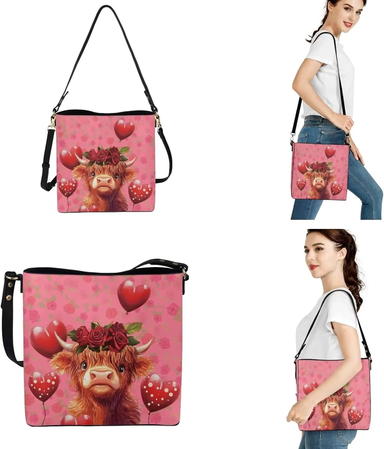 FOR U DESIGNS Women's Wristlet Handbags Top Handle Travel Crossbody Shoulder Tote Purses Sets Valentine's Day Bucket Bag