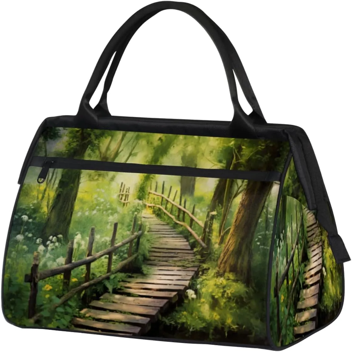 Forest Tree Wooden Path Gym Bag for Women Men, Travel Sports Duffel Bag with Trolley Sleeve, Waterproof Sports Gym Bag Weekender Overnight Bag Carry On Tote Bag for Travel Gym Sport