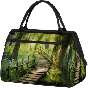 Forest Tree Wooden Path Gym Bag for Women Men, Travel Sports Duffel Bag with Trolley Sleeve, Waterproof Sports Gym Bag Weekender Overnight Bag Carry On Tote Bag for Travel Gym Sport