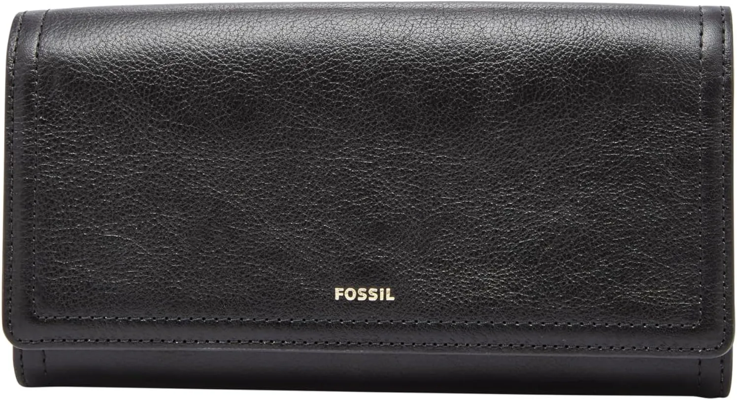 Fossil Women's Logan Leather Wallet RFID Blocking Flap Clutch Organizer, Black (Model: SL7833001)