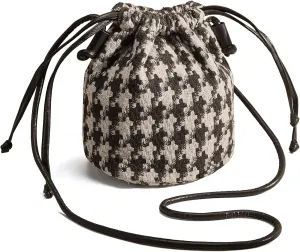 FOXLOVER Houndstooth Fabric Bucket Crossbody Bags for Women Mini Size Drawstring Closure