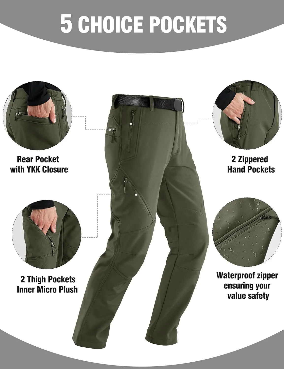 FREE SOLDIER Men's Fleece Lined Outdoor Cargo Hiking Pants Water Repellent Softshell Snow Ski Pants with Zipper Pockets
