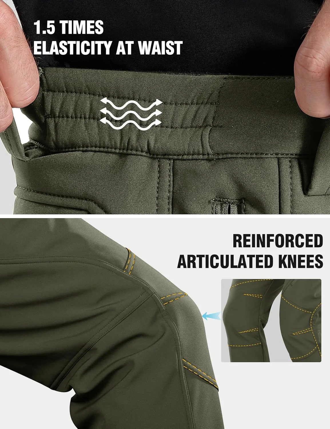 FREE SOLDIER Men's Fleece Lined Outdoor Cargo Hiking Pants Water Repellent Softshell Snow Ski Pants with Zipper Pockets