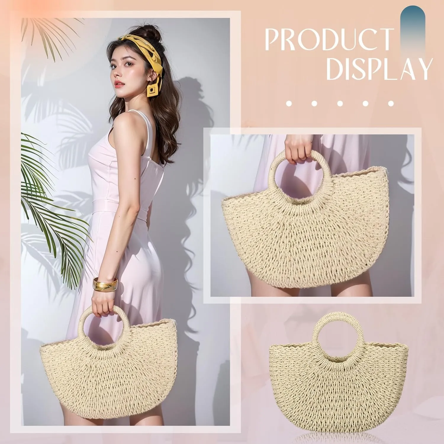 Frienda Straw Tote Bag Summer Beach Bag Handmade Straw Rattan Woven Handbag for Women Travel