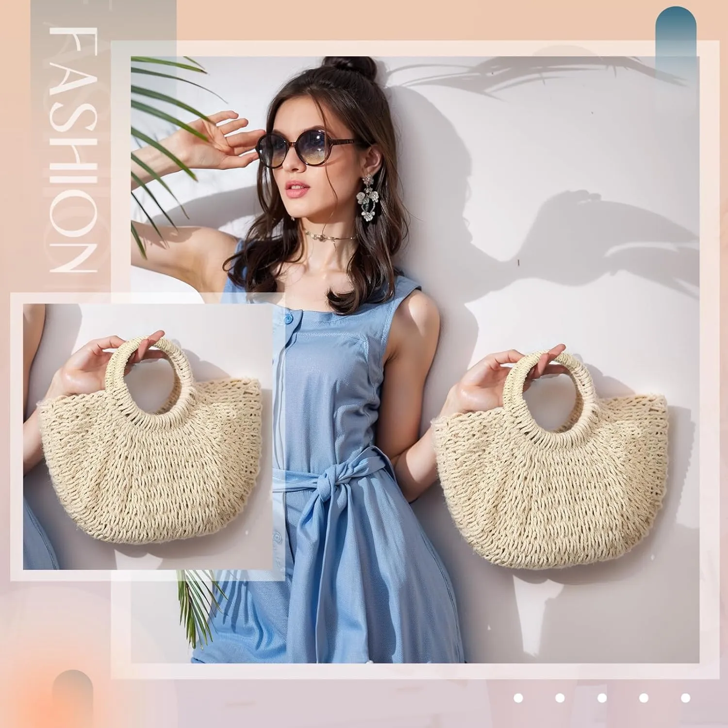 Frienda Straw Tote Bag Summer Beach Bag Handmade Straw Rattan Woven Handbag for Women Travel