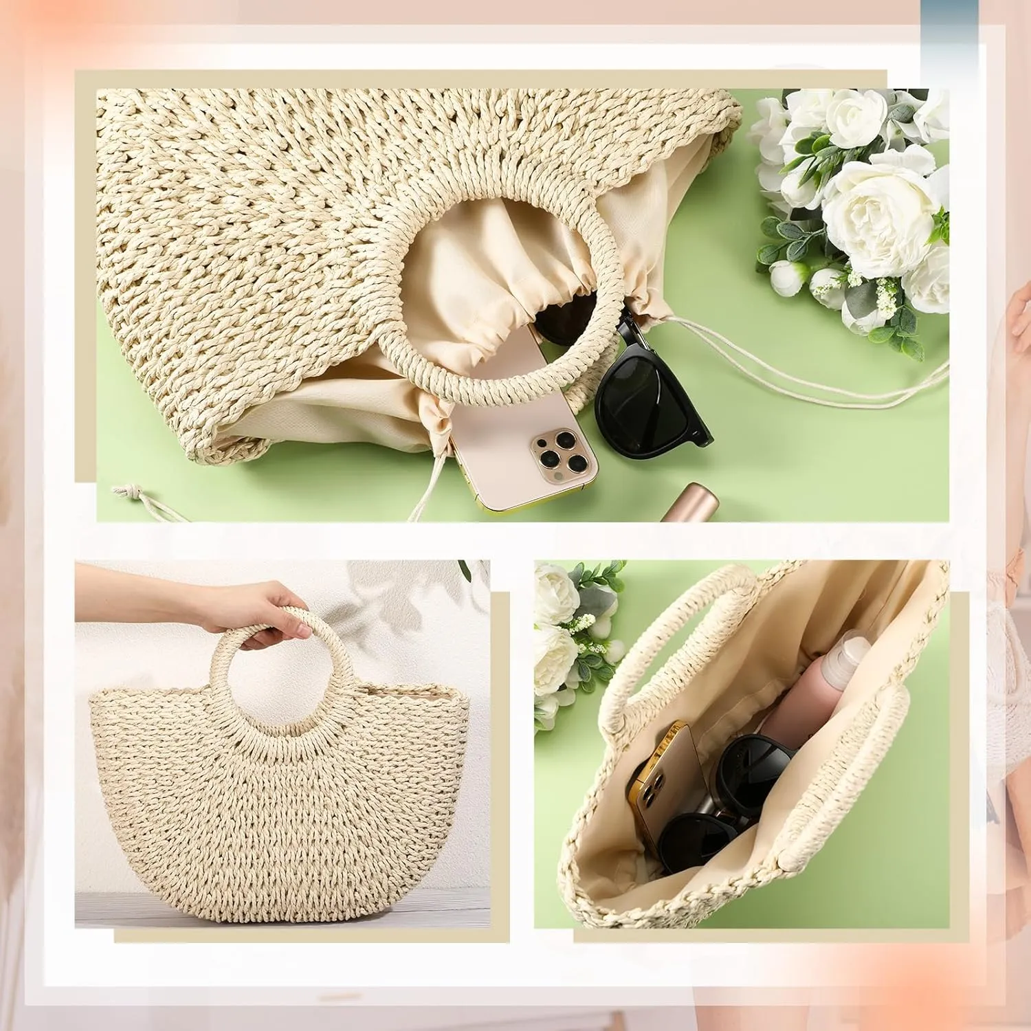 Frienda Straw Tote Bag Summer Beach Bag Handmade Straw Rattan Woven Handbag for Women Travel