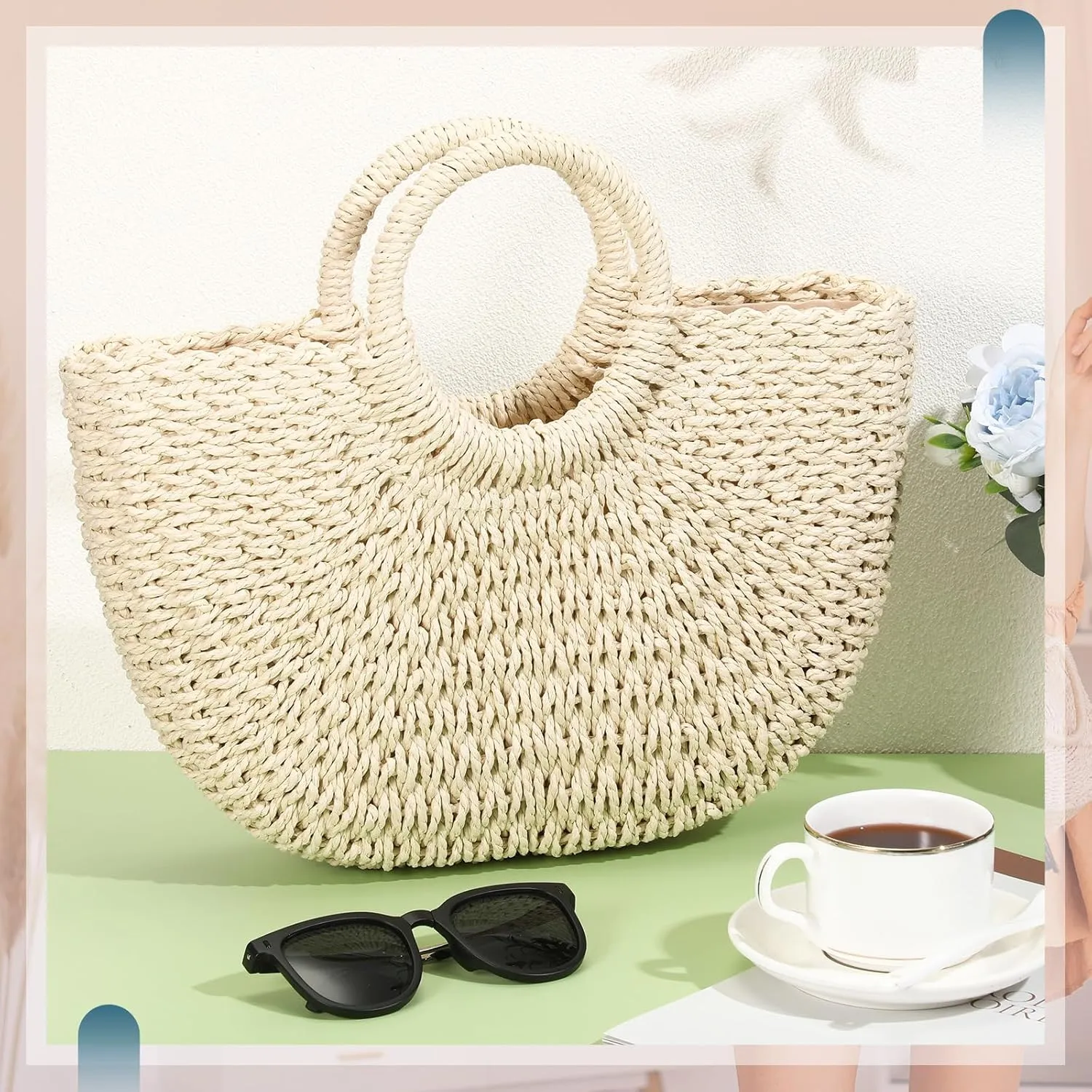 Frienda Straw Tote Bag Summer Beach Bag Handmade Straw Rattan Woven Handbag for Women Travel