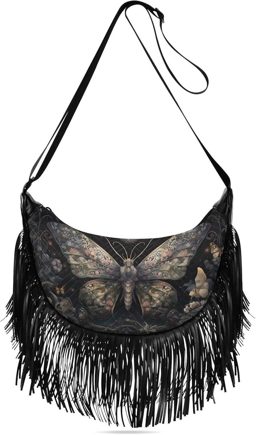 Fringe Hippie Purses Mystical Butterfly Flower Print, Western Tassel Bags Crossbody Bags for Women with Adjustable Strap Fabric PU Material
