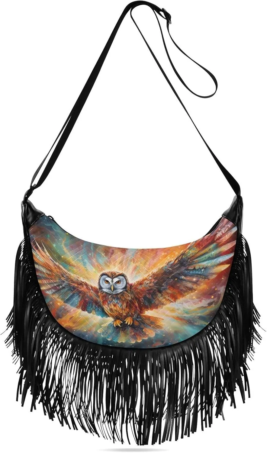 Fringe Hippie Purses Mystical Galaxy Owl Print, Western Tassel Bags Crossbody Bags for Women with Adjustable Strap Fabric PU Material