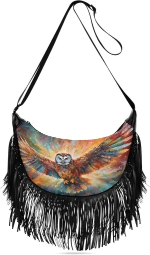 Fringe Hippie Purses Mystical Galaxy Owl Print, Western Tassel Bags Crossbody Bags for Women with Adjustable Strap Fabric PU Material