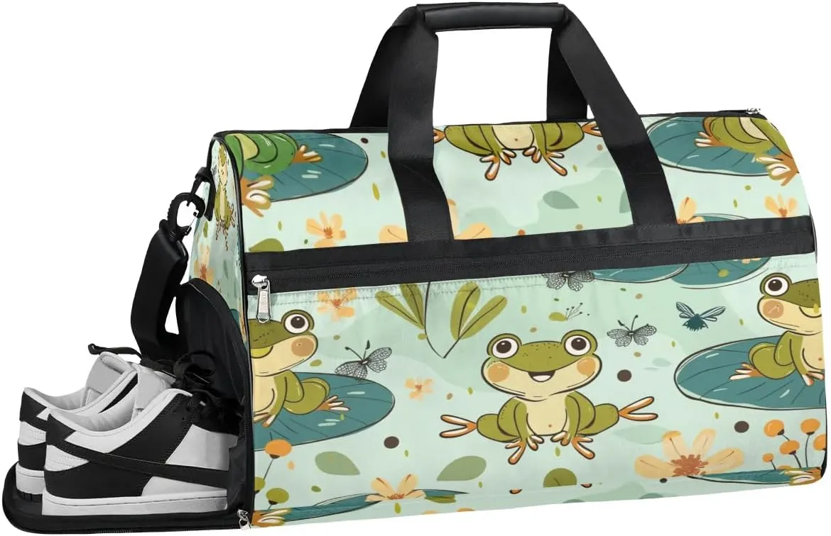 Frog Lovely Design Gym Bag for Women Duffle with Shoes Compartment Men Weekender Duffel Bags for Travel Sports Swimming Overnight Dance