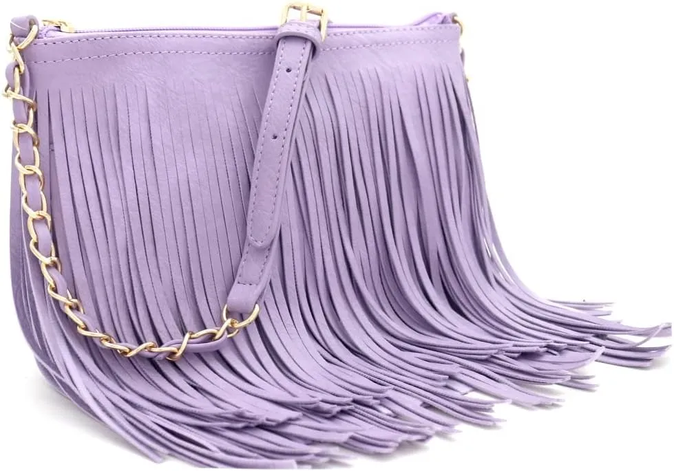 Front and Back Both Side Fringed Soft PU Leather Medium Long Cross Body Messenger Shoulder Bag