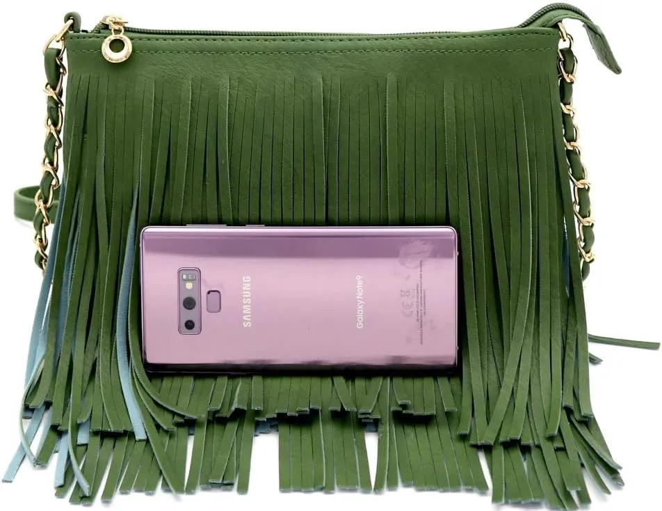 Front and Back Both Side Fringed Soft PU Leather Medium Long Cross Body Messenger Shoulder Bag