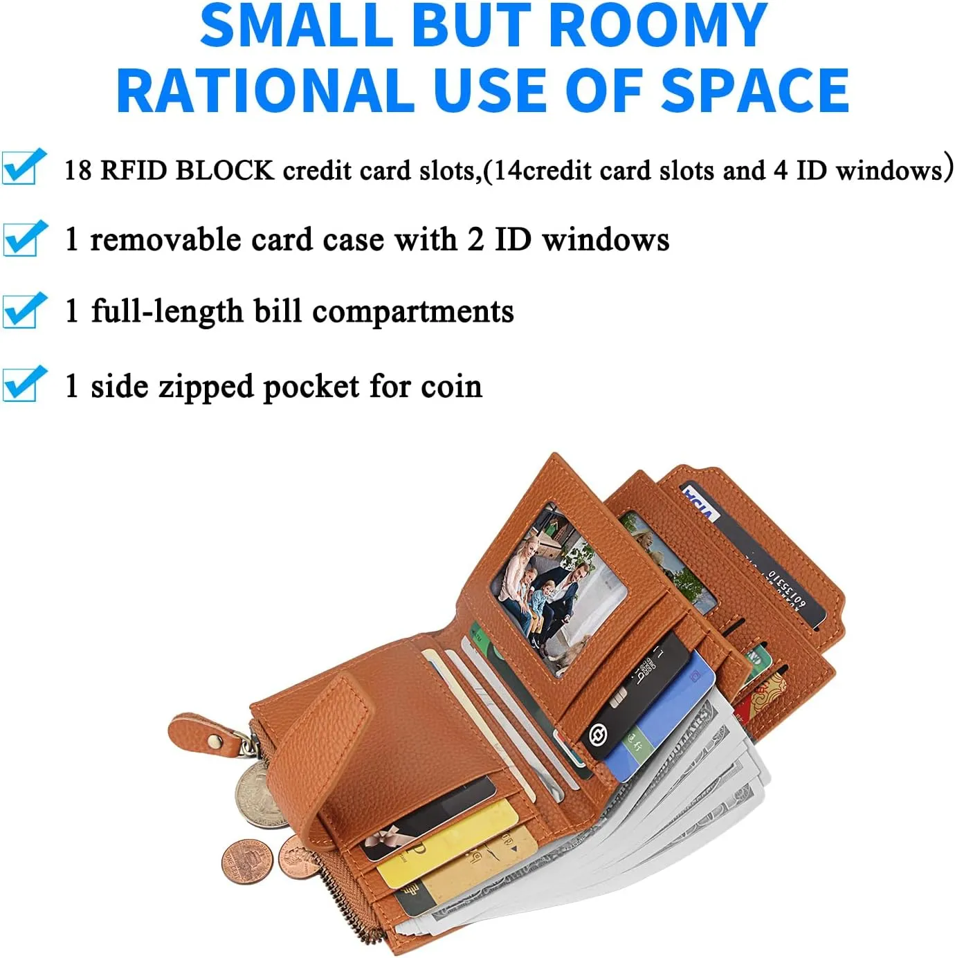 FT FUNTOR Small Wallet for Women Genuine Leather Bifold Compact RFID Blocking Zipper Pocket Ladies Credit Card Slots Purse with ID Window (Lychee Caramel)