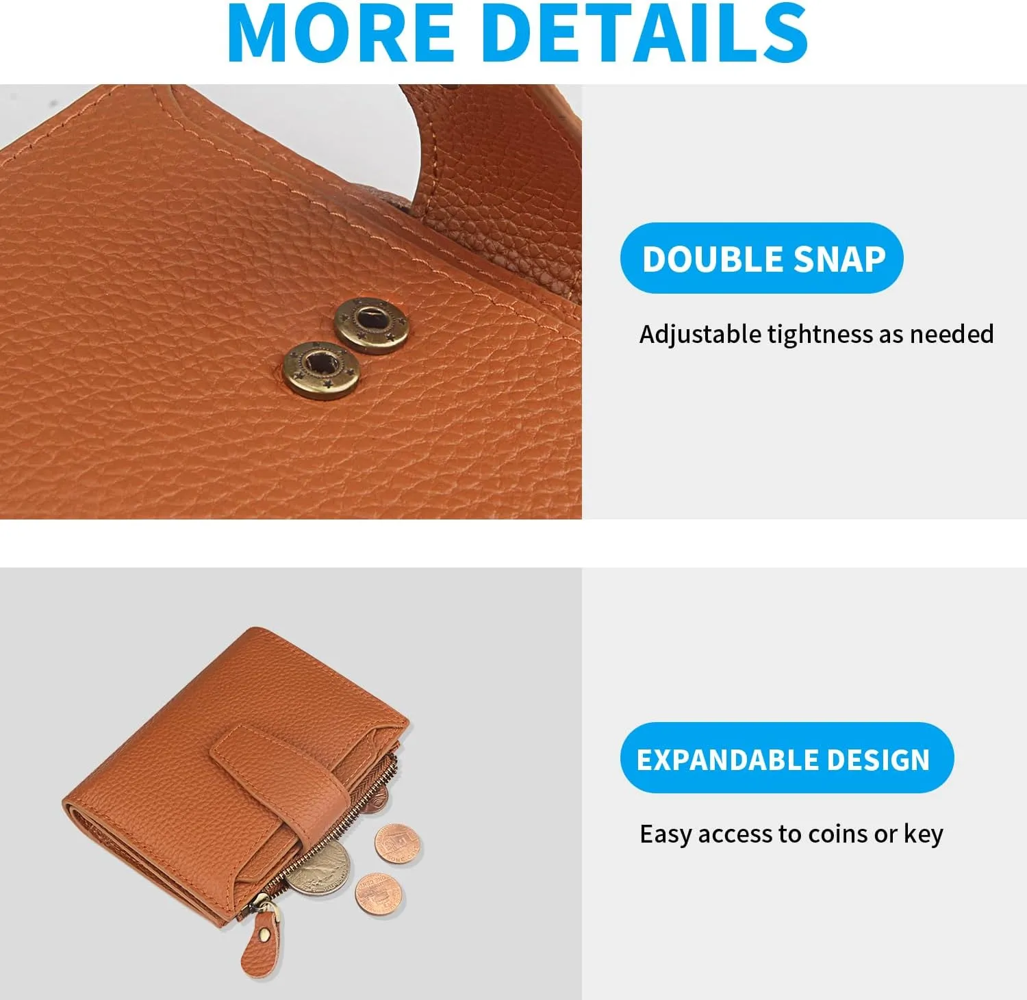 FT FUNTOR Small Wallet for Women Genuine Leather Bifold Compact RFID Blocking Zipper Pocket Ladies Credit Card Slots Purse with ID Window (Lychee Caramel)