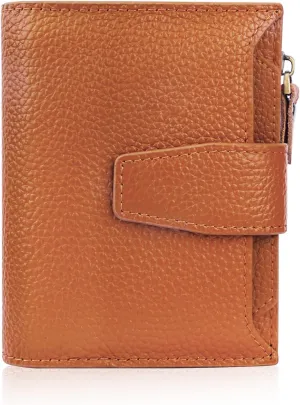 FT FUNTOR Small Wallet for Women Genuine Leather Bifold Compact RFID Blocking Zipper Pocket Ladies Credit Card Slots Purse with ID Window (Lychee Caramel)
