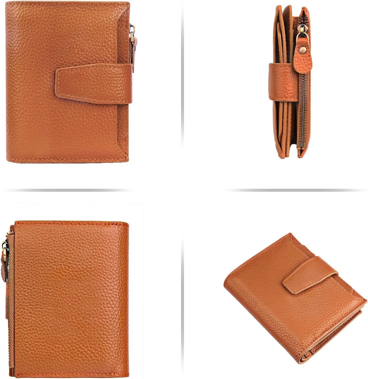 FT FUNTOR Small Wallet for Women Genuine Leather Bifold Compact RFID Blocking Zipper Pocket Ladies Credit Card Slots Purse with ID Window (Lychee Caramel)