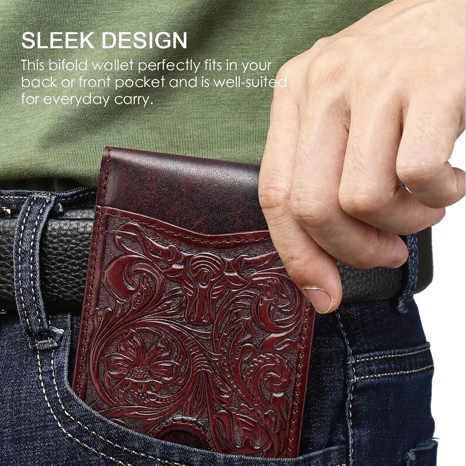 Full Grain Leather Bifold Wallet for Men - 11 Slots, RFID Blocking, Gifts for Men - Cowboy Red