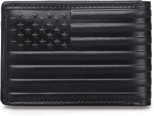 Full Grain Leather Bifold Wallet for Men - 12 Slots, RFID Blocking - USA Flag, Black