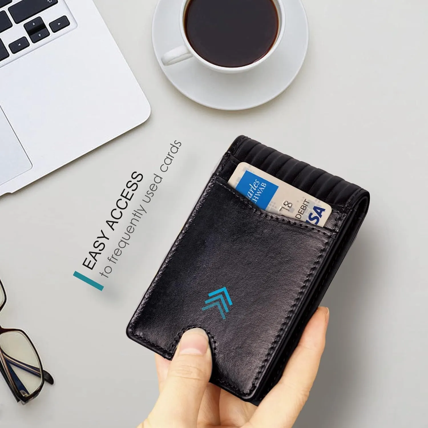 Full Grain Leather Bifold Wallet for Men - 12 Slots, RFID Blocking - USA Flag, Black