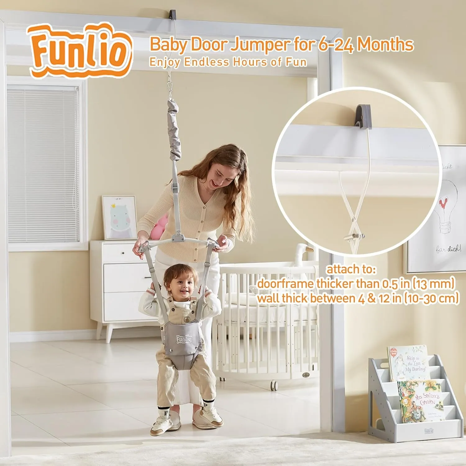 FUNLIO Baby Door Jumper for 6-24 Months (with Door Clamp), Baby Jumper Doorway with Strong Spring & Adjustable Strap, Portable Infant Baby Bouncer, Bearing 40 Lbs, CPC & CE Certified - Gray