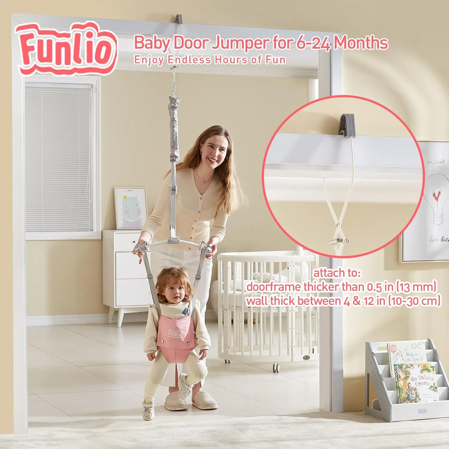FUNLIO Baby Door Jumper for 6-24 Months (with Door Clamp), Baby Jumper Doorway with Strong Spring & Adjustable Strap, Portable Infant Baby Bouncer, Bearing 40 Lbs, CPC & CE Certified-Pink