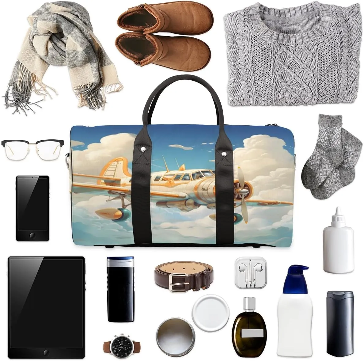 Funny Airplane Travel Duffle Bag, Sports Gym Bags for Women Men, Carry On Weekender Overnight Workout Airplane Trips Bag