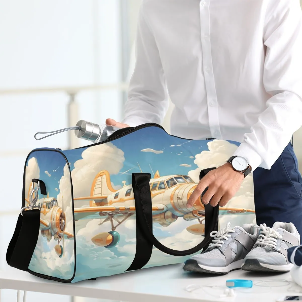 Funny Airplane Travel Duffle Bag, Sports Gym Bags for Women Men, Carry On Weekender Overnight Workout Airplane Trips Bag