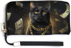 Funny Black Lucky Cat Money Dollar Wallet PU Leather Purse Credit Card Holder Long Zip Wallet Organizer Wallet for Unisex