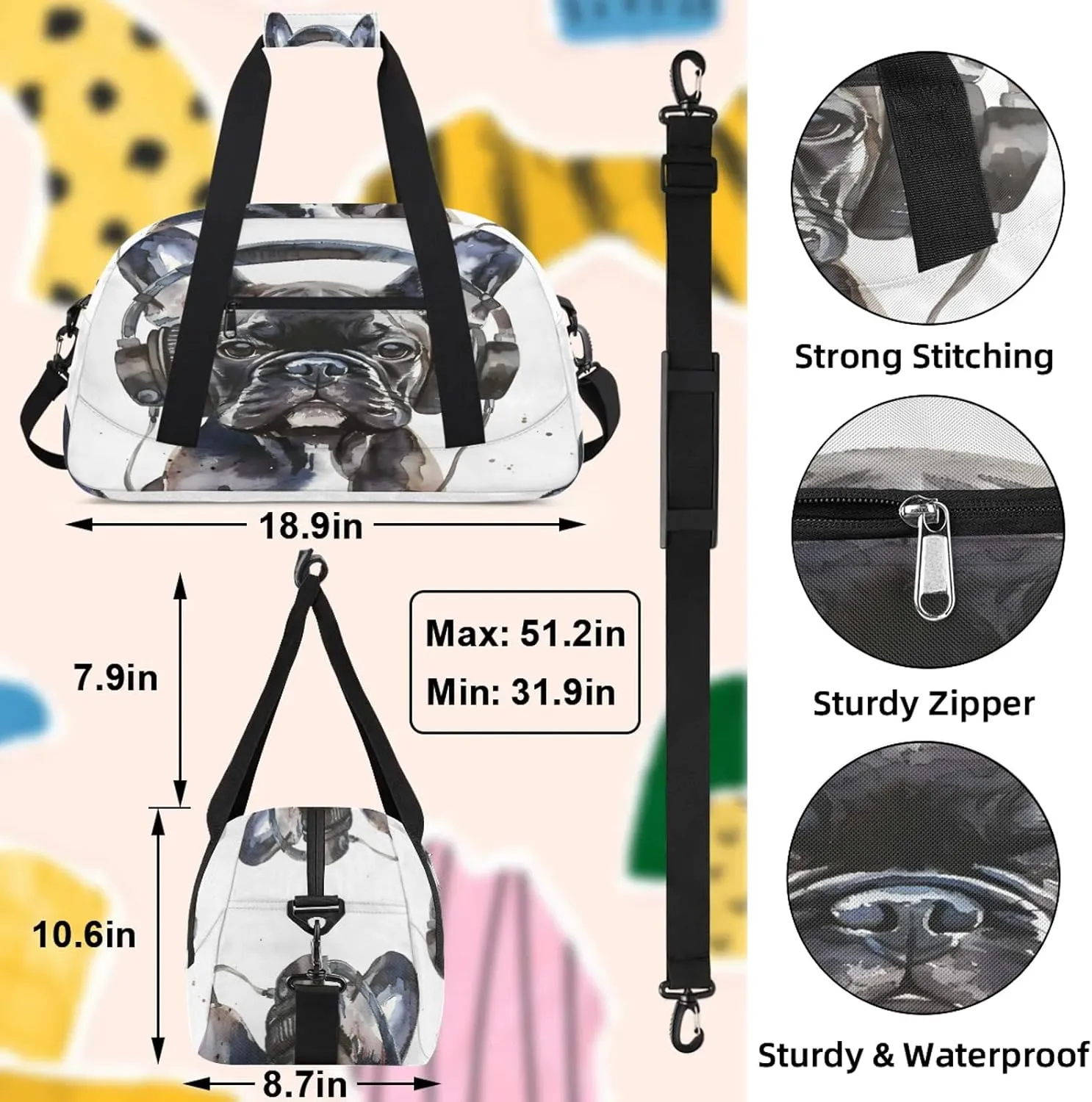 Funny Dog Small Gym Bag 18 inch Carry On Duffel Bag for Weekender Travel Sports Workout Yoga Gymnastics Dance Ballet
