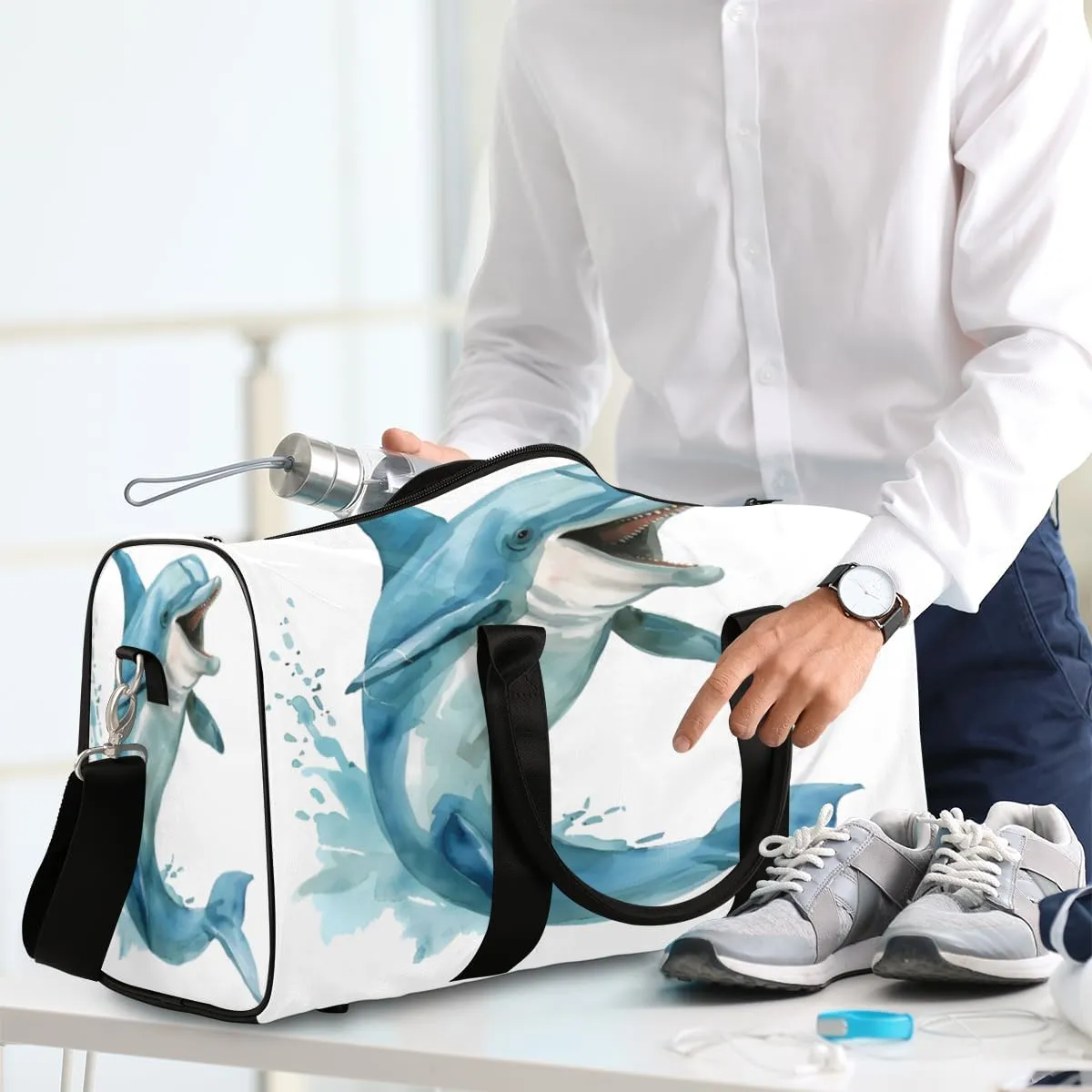 Funny Dolphin Travel Duffle Bag, Sports Gym Bags for Women Men, Carry On Weekender Overnight Workout Airplane Trips Bag