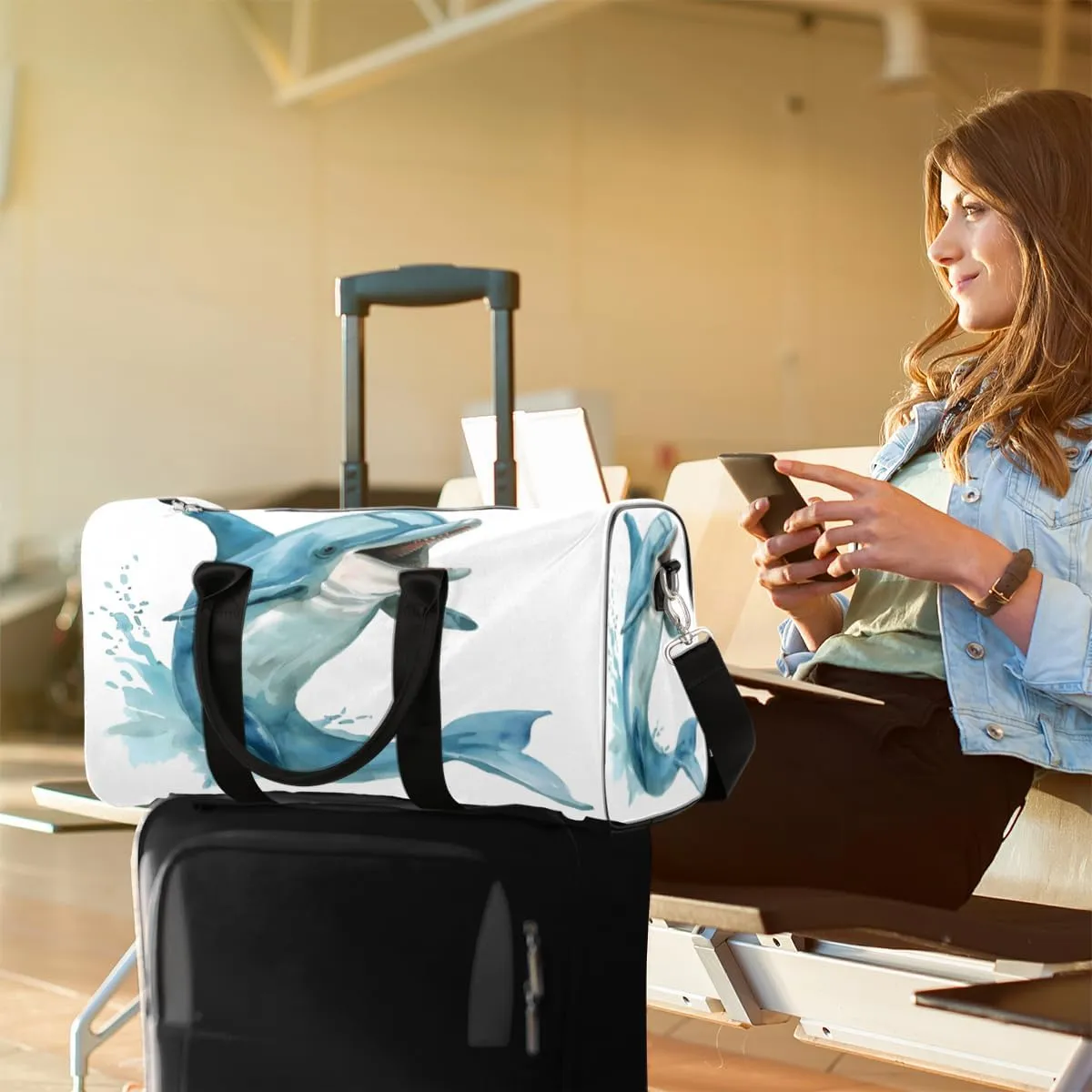 Funny Dolphin Travel Duffle Bag, Sports Gym Bags for Women Men, Carry On Weekender Overnight Workout Airplane Trips Bag