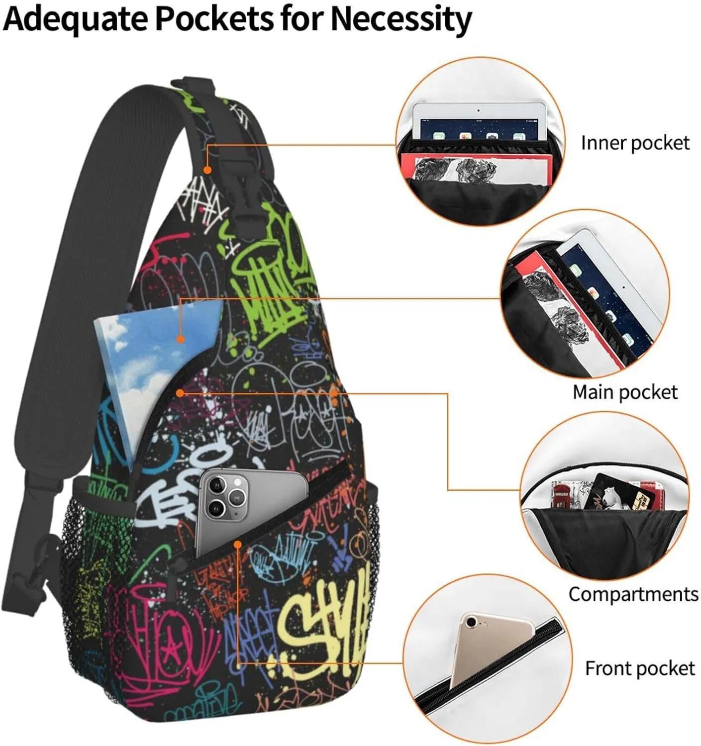 Funny Graffiti Sling Backpack,Travel Hiking Daypack Colorful Graffiti Art Crossbody Shoulder Bag for Women Men