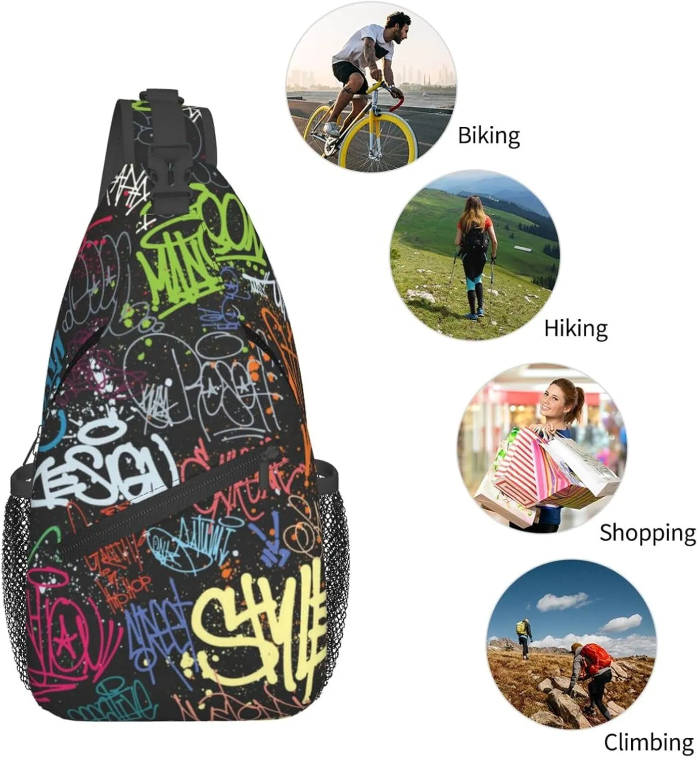 Funny Graffiti Sling Backpack,Travel Hiking Daypack Colorful Graffiti Art Crossbody Shoulder Bag for Women Men