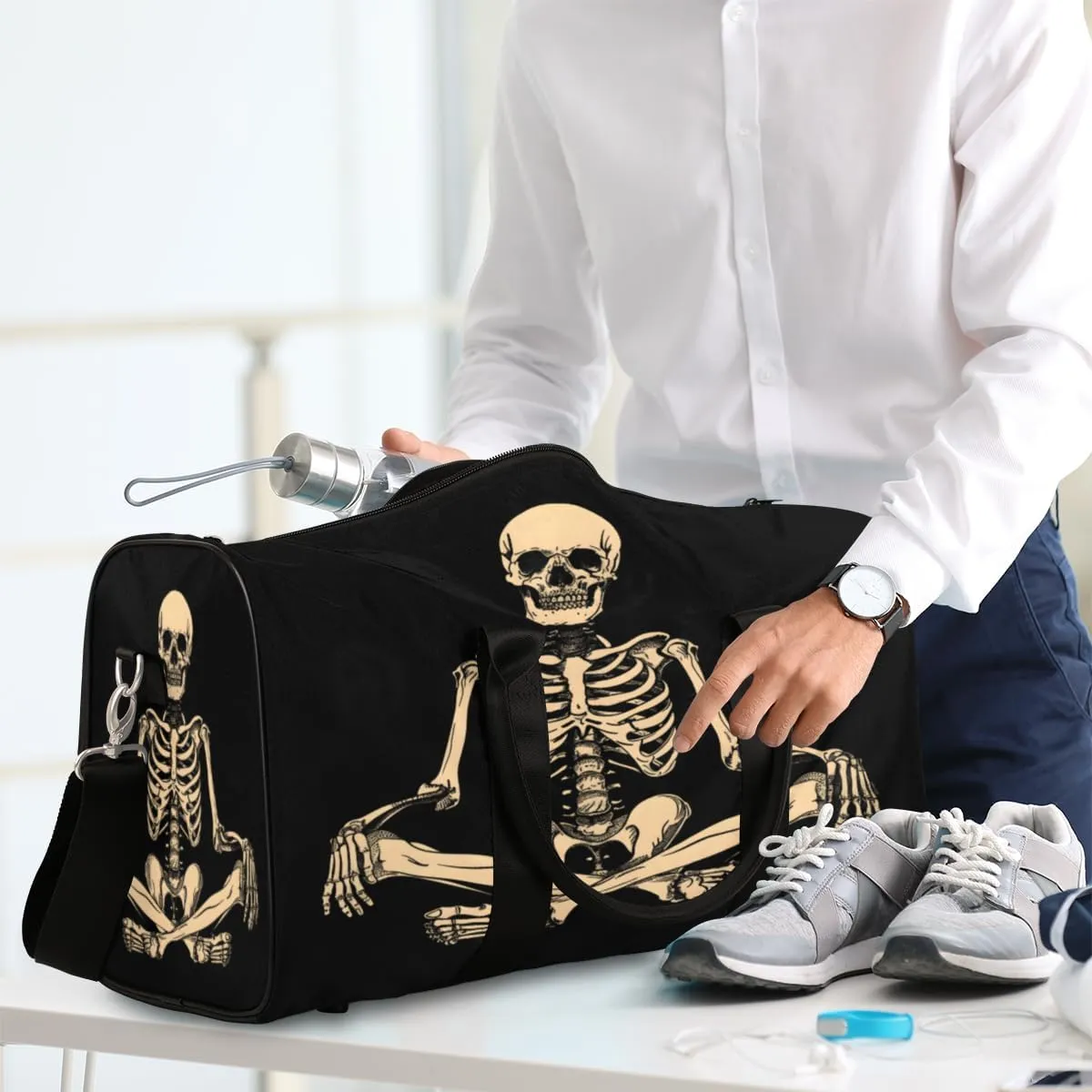 Funny Human Skeleton Skull Travel Duffle Bag, Sports Gym Bags for Women Men, Carry On Weekender Overnight Workout Airplane Trips Bag