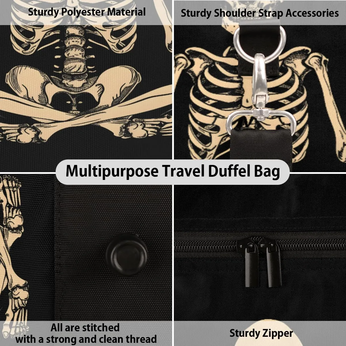 Funny Human Skeleton Skull Travel Duffle Bag, Sports Gym Bags for Women Men, Carry On Weekender Overnight Workout Airplane Trips Bag