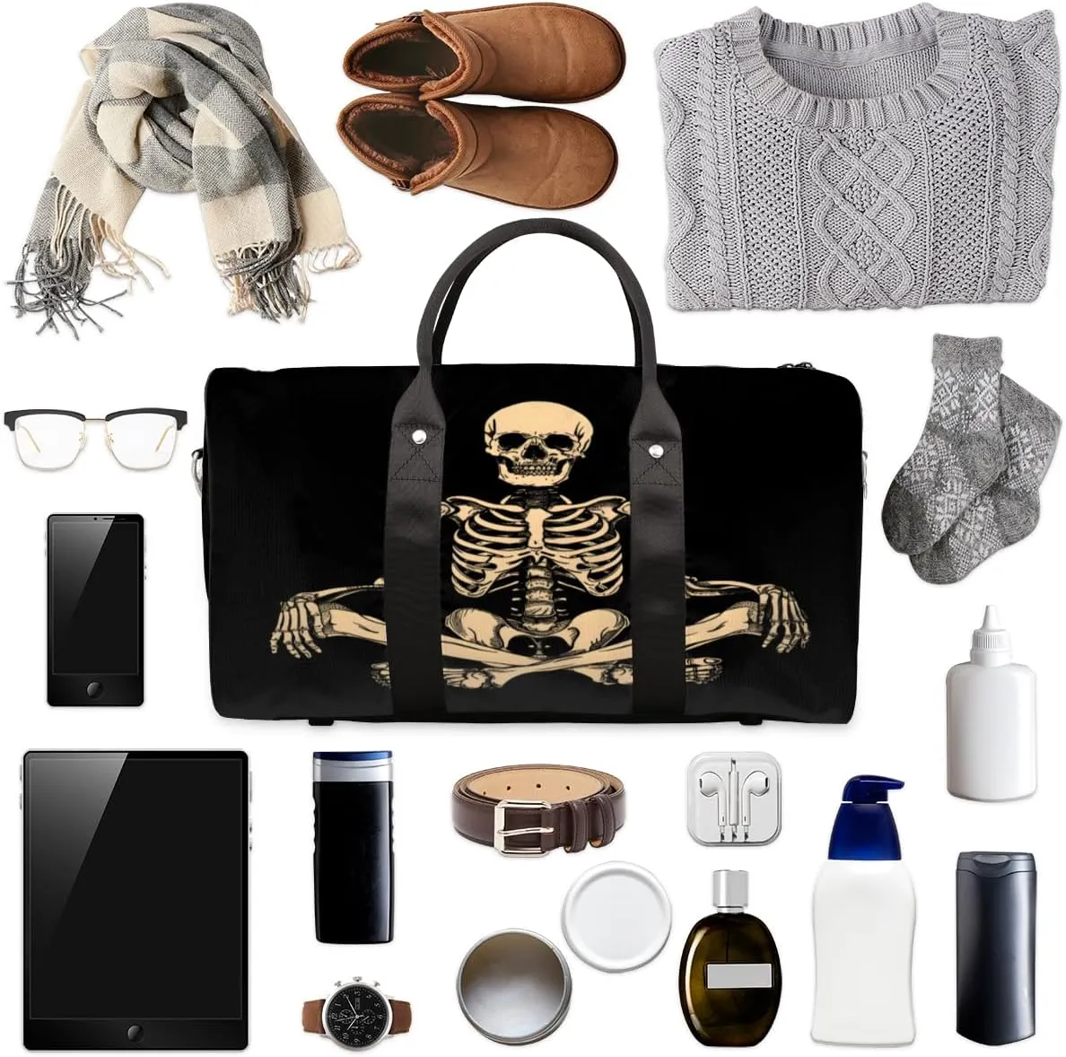 Funny Human Skeleton Skull Travel Duffle Bag, Sports Gym Bags for Women Men, Carry On Weekender Overnight Workout Airplane Trips Bag