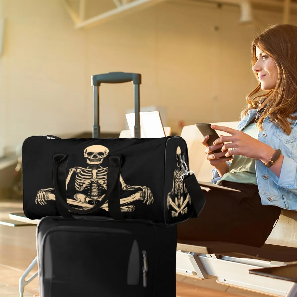 Funny Human Skeleton Skull Travel Duffle Bag, Sports Gym Bags for Women Men, Carry On Weekender Overnight Workout Airplane Trips Bag