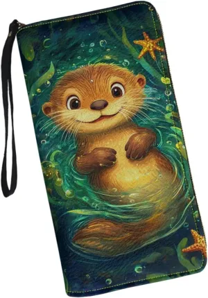 Funny Otter Wallet for Women Long Zipper Leather RFID Blocking Clutch Bag Card Holder Purse Handbag with Wrist Strap