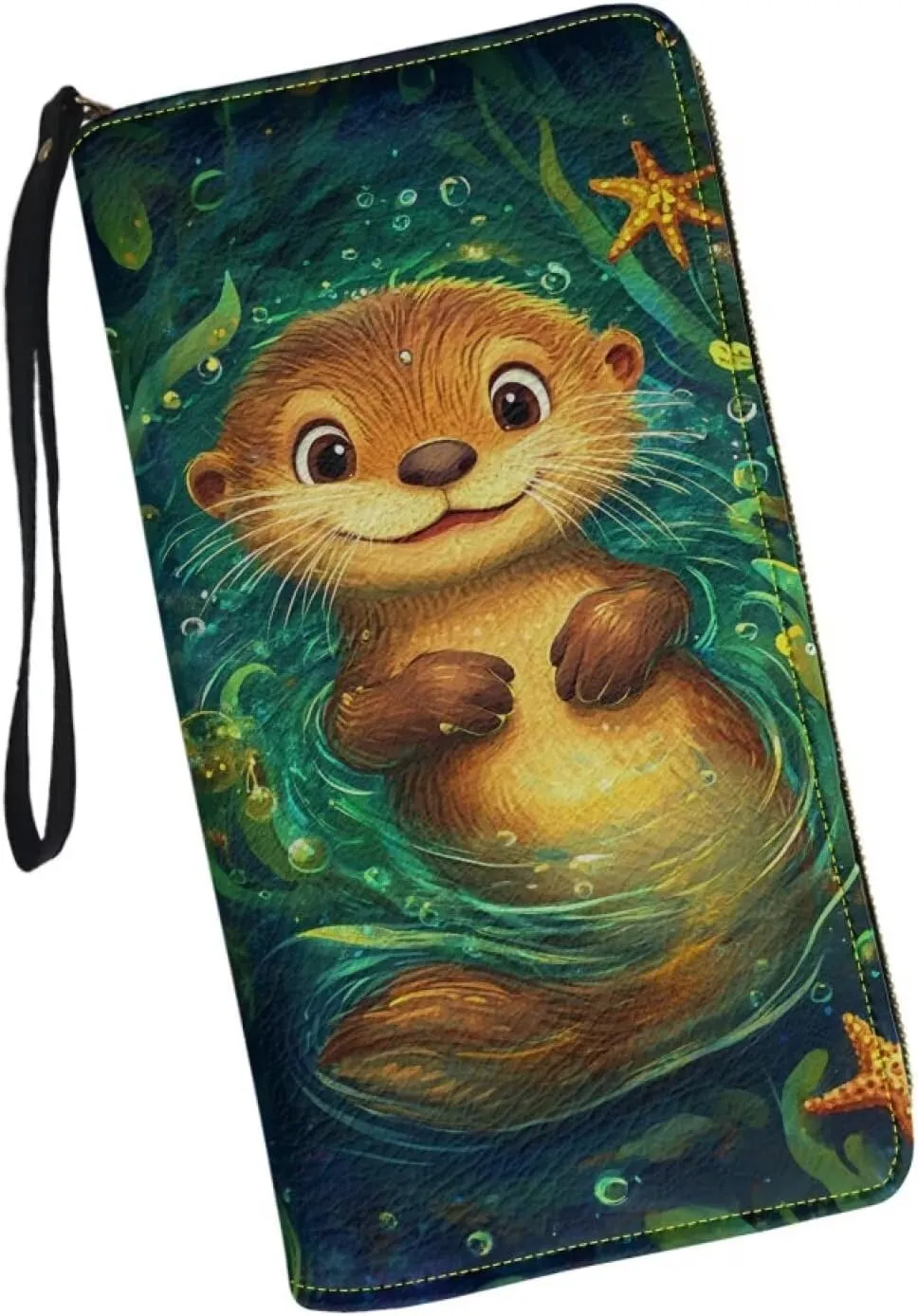 Funny Otter Wallet for Women Long Zipper Leather RFID Blocking Clutch Bag Card Holder Purse Handbag with Wrist Strap